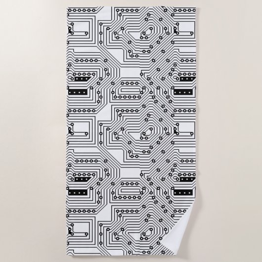 Modern zwart-wit computercircuitpatroon strandlaken (Voorkant)