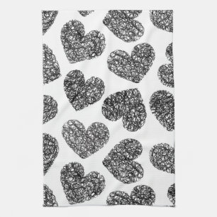 Modern zwart-wit Doodle-hartenpatroon Theedoek