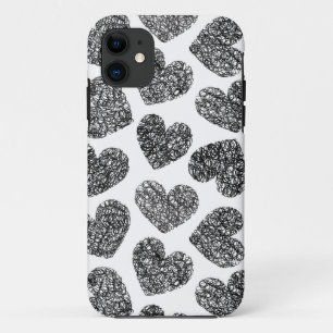 Modern zwart-wit Doodle Hearts Pattern iPhone 11 Hoesje
