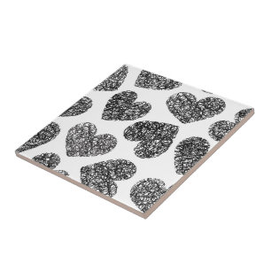 Modern zwart-wit Doodle Hearts Pattern Tegeltje