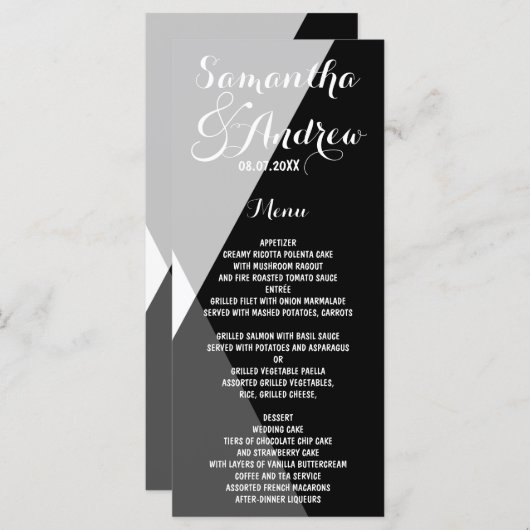 Modern zwart wit driehoeken bruiloft menu (Voorkant / Achterkant)