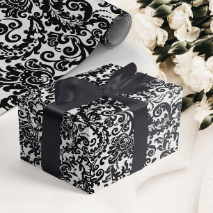 Modern Zwart & Wit Elegant Bloemen Damast Bruiloft Cadeaupapier