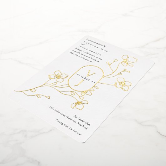 Modern zwart, wit en goud, bloemige trouw goud folie uitnodiging (Gedraaid)