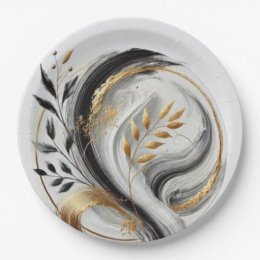 Modern Zwart Wit en Goud Botanisch Papieren Bordje (Voorkant)