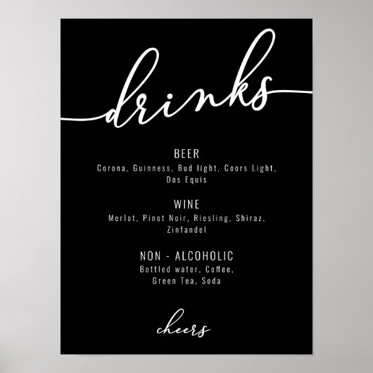 Modern Zwart-Wit Feest Drankmenu Poster (Voorkant)