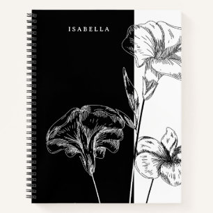 Modern zwart-wit foral gepersonaliseerd notitieboek