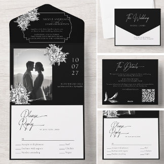 Modern zwart-wit foto kalligrafie script all in one uitnodiging