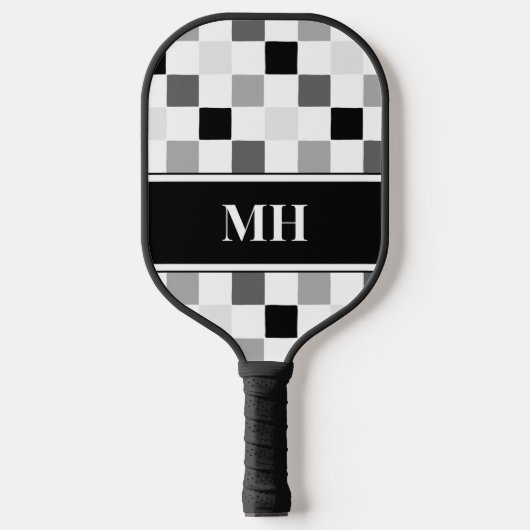 Modern zwart-wit geblokte Initialen Monogram Pickleball Paddle (Voorkant)
