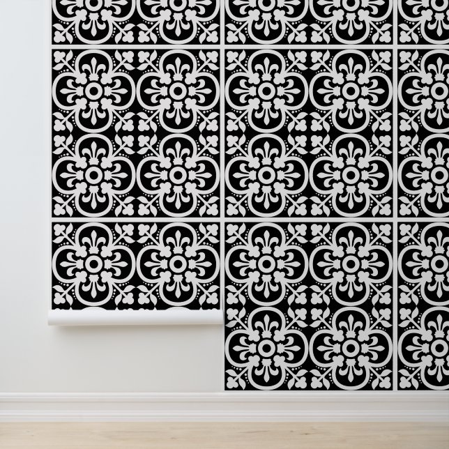 Modern zwart wit geometrisch fleur du lys behang (Applicatie)