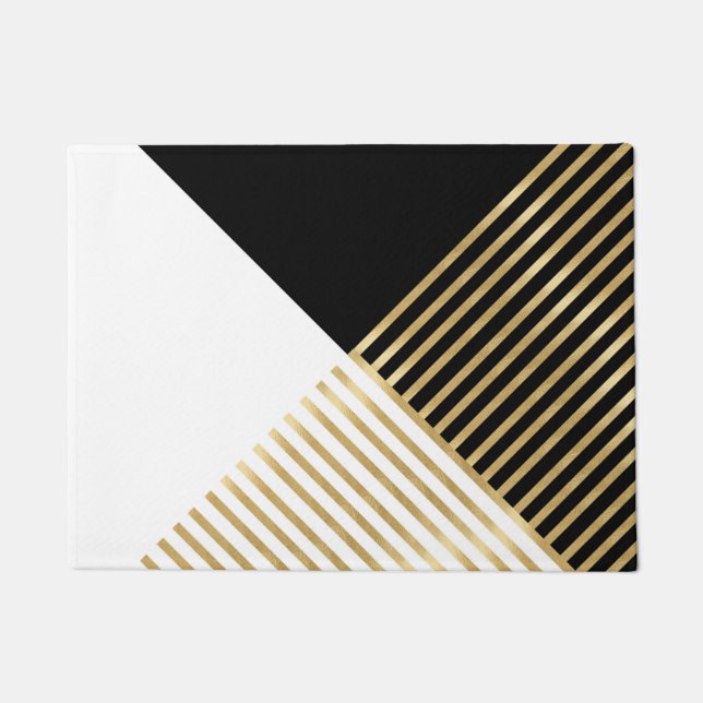 Modern Zwart Wit Geometrisch Goud Strepen Deurmat (Voorkant)