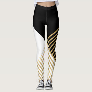 Modern Zwart Wit Geometrisch Goud Strepen Leggings