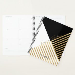 Modern Zwart Wit Geometrisch Goud Strepen Planner