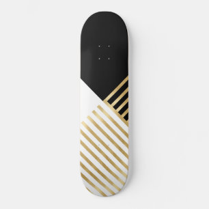 Modern Zwart Wit Geometrisch Goud Strepen Skateboard