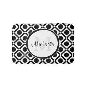 Modern zwart-wit geometrisch monogram en naam badmat