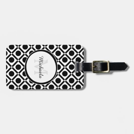Modern zwart-wit geometrisch monogram en naam bagagelabel (Voorkant horizontaal)