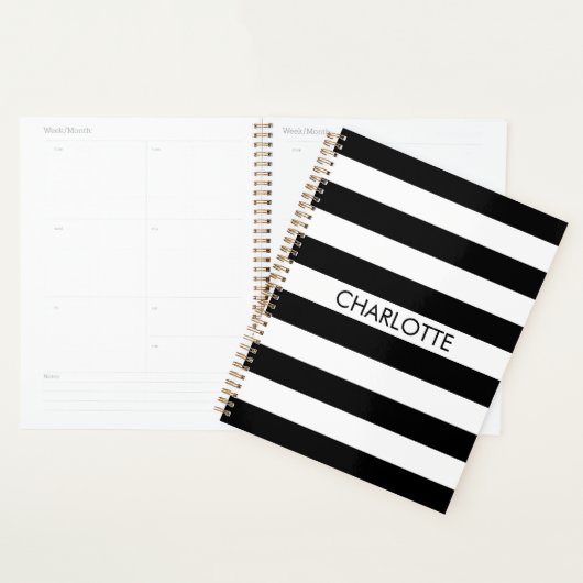 Modern zwart wit gestreepte aangepaste naam monogr planner (Display)