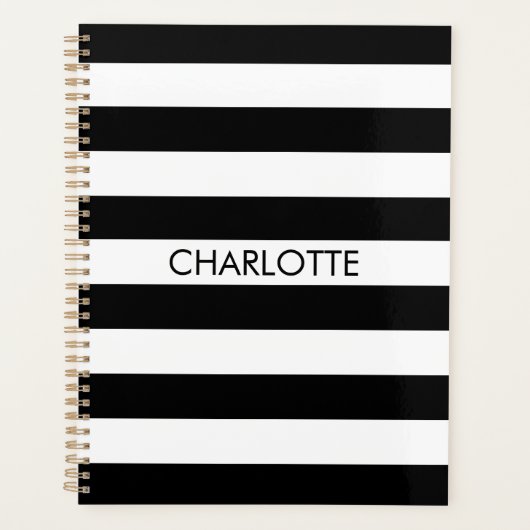 Modern zwart wit gestreepte aangepaste naam monogr planner (Voorkant)