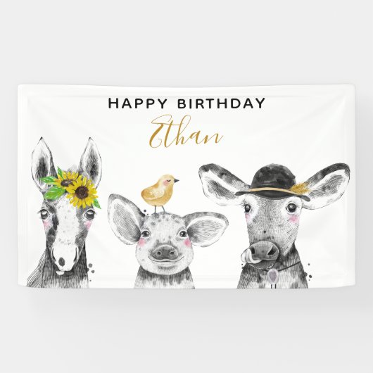 Modern Zwart & Wit Hand getrokken Barnyard Verjaar Spandoek (Horizontaal)