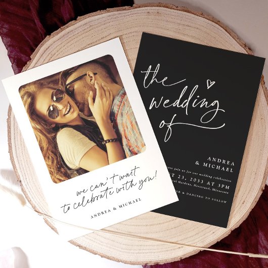 Modern Zwart & Wit Handschrift Hart bruiloft Kaart