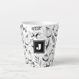 Modern zwart-wit Herfst Illustratie Monogram Latte Mok
