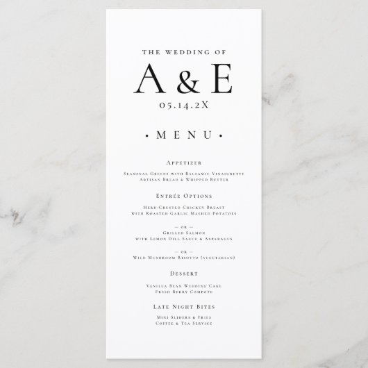Modern zwart-wit koppels Monogram bruiloft Menu (Voorkant)
