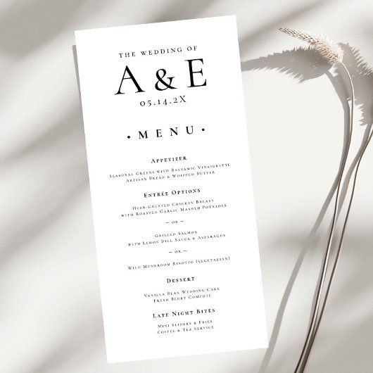 Modern zwart-wit koppels Monogram bruiloft Menu