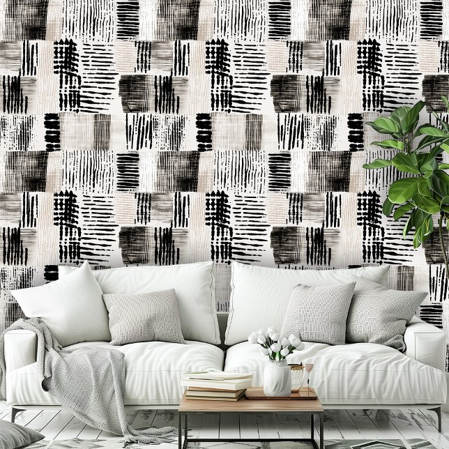 Modern zwart wit kruis uitgekomen patroon behang (Modern Black White Cross Hatched Pattern Wallpaper)