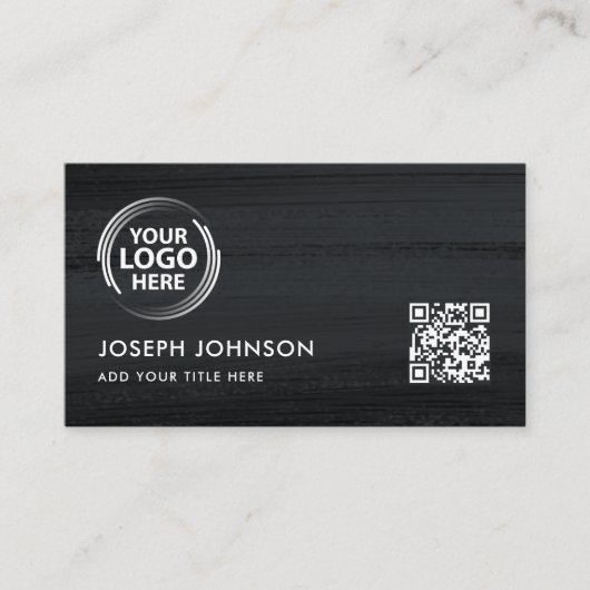 Modern Zwart Wit Logo Donkergrijs Borstel QR Code Visitekaartje (Voorkant)