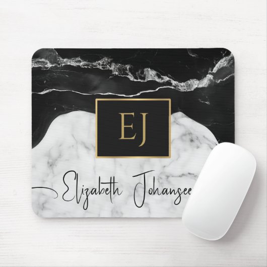 Modern Zwart Wit Marmeren Goud Initiaal Monogram Muismat (Met muis)