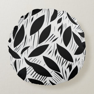 Modern zwart-wit minimalistisch bladpatroon rond kussen