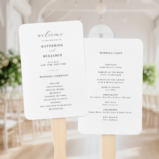 Modern zwart-wit minimalistisch huwelijksprogramma handwaaier