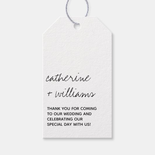 Modern zwart-wit minimalistisch script bruiloft cadeaulabel (Voorkant)