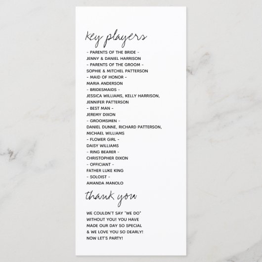 Modern zwart-wit minimalistisch script bruiloft programma (Achterkant)