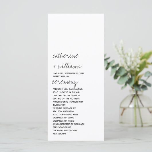 Modern zwart-wit minimalistisch script bruiloft programma (Staand voorkant)
