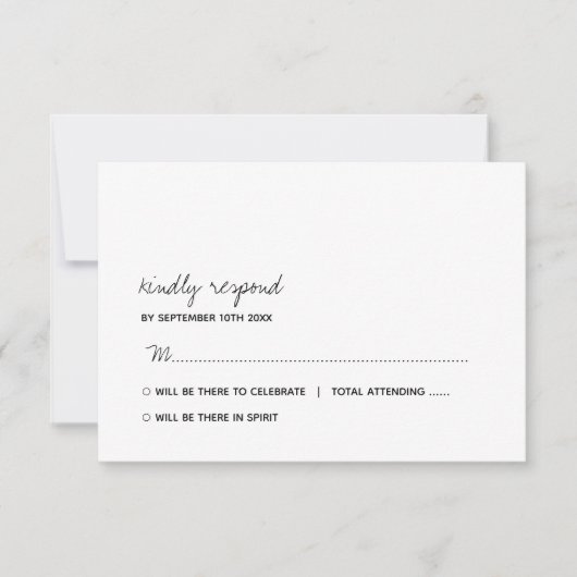 Modern zwart-wit minimalistisch script bruiloft RSVP kaartje (Voorkant)
