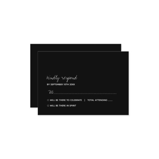 Modern zwart-wit minimalistisch script bruiloft RSVP kaartje (Voorkant / Achterkant in situ)