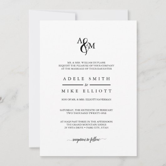 Modern zwart-wit monogram bruiloft uitnodiging (Voorkant)