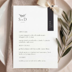 Modern zwart-wit monogram trouwmenu menu