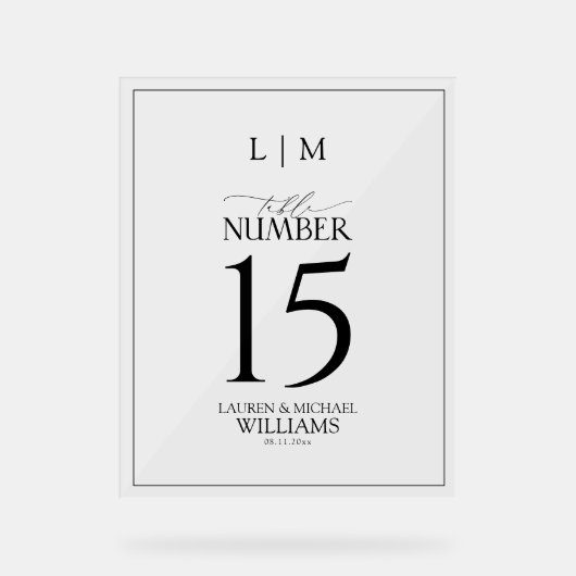 Modern zwart-wit monogram Trouwtafelnummer Acryl Bord (Voorkant)