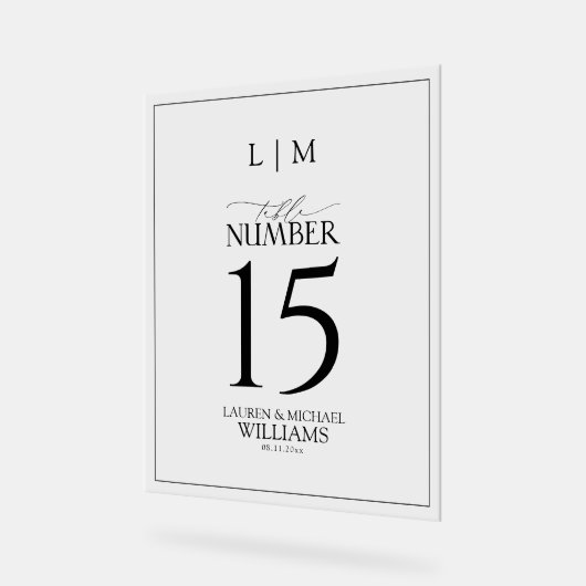 Modern zwart-wit monogram Trouwtafelnummer Acryl Bord (Hoek)