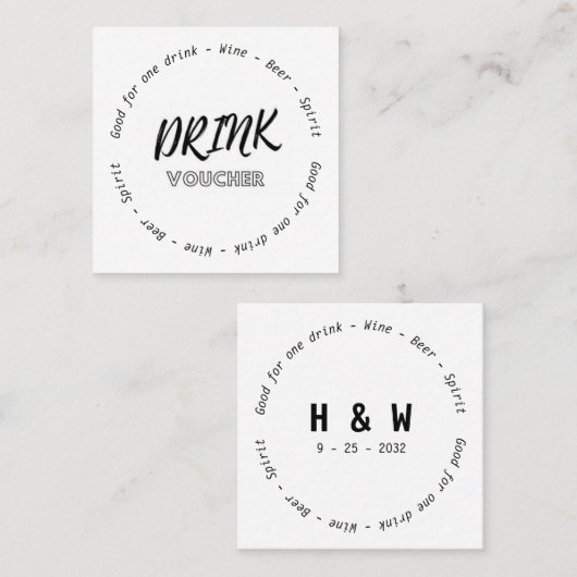 Modern Zwart Wit Naam Datum Bruiloft Drink Voucher Vierkante Visitekaartje (Voorkant / Achterkant)