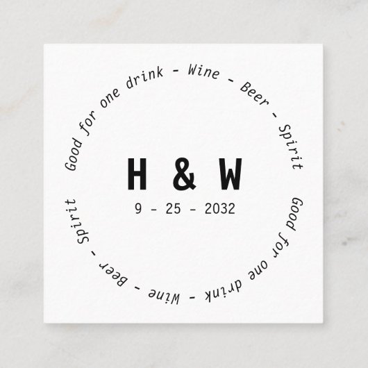 Modern Zwart Wit Naam Datum Bruiloft Drink Voucher Vierkante Visitekaartje (Achterkant)
