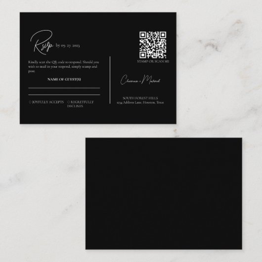 Modern Zwart & Wit QR Code Script Bruiloft RSVP Informatiekaartje (Voorkant / Achterkant)