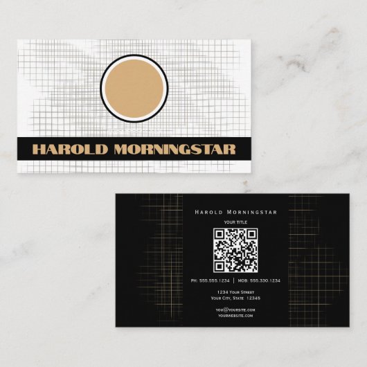 Modern Zwart Wit Raster met Qr en Logo Visitekaartje (Voorkant / Achterkant)