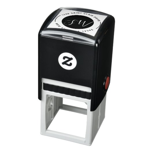 Modern Zwart Wit Rond Monogram Script Zelfinktende Stempel (Product)