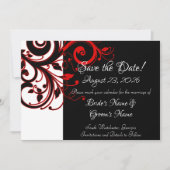 Modern Zwart Wit Rood Swirl Bruiloft Save the Date (Voorkant)