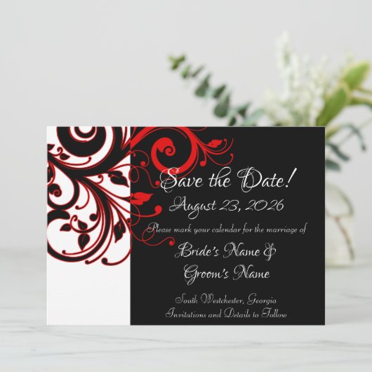 Modern Zwart Wit Rood Swirl Bruiloft Save the Date (Staand voorkant)