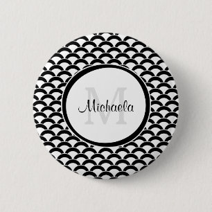 Modern zwart-wit schubbenpatroon met monogram en n ronde button 5,7 cm