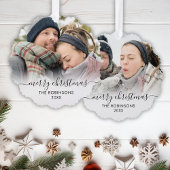 Modern zwart wit script 2 paar foto kerst ornament kaart