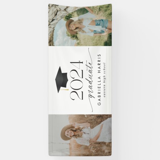 Modern Zwart-wit Script Afstuderen Spandoek (Verticaal)